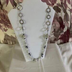 Stylish necklace, two large glass balls, stone chips, elegant large silver chain